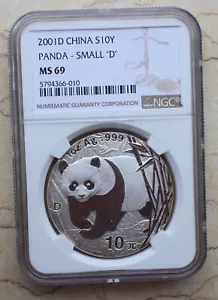 NGC MS69 China 2001 1oz Silver Panda Coin with D Mark (Rare Variety: Small 'D') - Picture 1 of 4