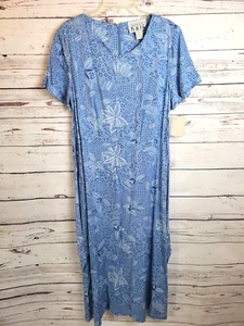 Keren Hart Blue Floral Tie Front Short Sleeve Long Dress Women's Size Large - Picture 1 of 11