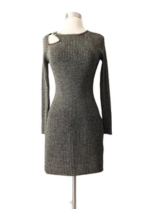 SAY WHAT Sweater Dress Sparkle Gold Black Ribbed Key Hole Neck Stretch MEDIUM - Picture 1 of 6