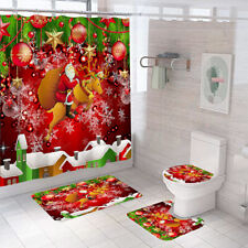 Merry Christmas Shower Curtain Thick Bathroom Rug Set Bath Mat Toilet Lid Cover