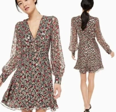 Vestido Kate Spade Rojo Clip Punto Floral Seda Para Mujer 8 Negro Metálico Manga Larga  Foto 1 de 4