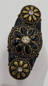 Vintage Statement Ring Black Enamel Flowers Chunky Funky Full Finger Boho Size 7 - Picture 1 of 8