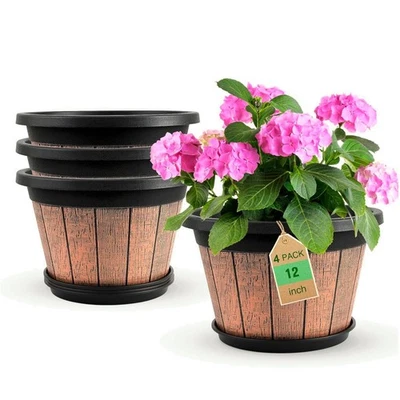 Whiskey Barrel Inspired 12 英寸植物壶 - 4 件装带排水适用于所有植物 — 第 1/4 张图片