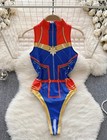 Sexy Captain Marvel Crotchless Bodysuit Erotic Nightwear Cos-play Sexy role Play