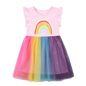 Big Girl Girl Short Sleeve Dress Pink Rainbow Tulle Tutu Easter Cotton Party ... - Picture 1 of 6