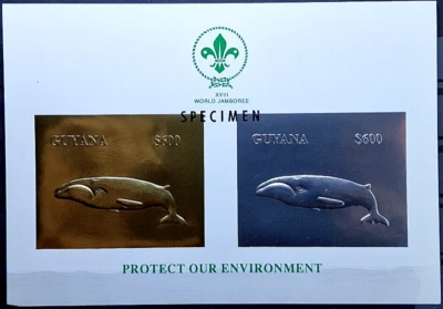 Гайана 1990-е Образцы Китов Джамбори Скауты Как новые без наклеек и следов - Блок из 2 Марок - Mi 100.00+ - Изображение 1 из 4