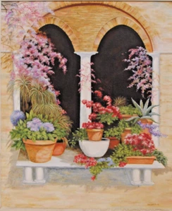 Dolorosa, "Flower Pots Before Arch", Oil on canvas, Unframed - Picture 1 of 2