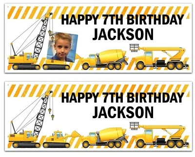 BOYS PERSONALISED BIRTHDAY BANNER  PHOTO JCB DIGGERS BUILDER NAME WALL PARTY  - Image 1 of 3