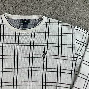 VINTAGE Trader Bay Golf Sweater Mens Large White Blue Plaid Crewneck USA Made* - Picture 1 of 10