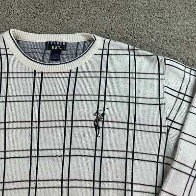 VINTAGE Trader Bay Golf Sweater Mens Large White Blue Plaid Crewneck USA Made* - Image 1 of 4