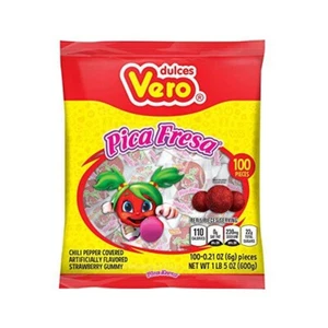 Pica Fresa Vero Fragola Gomma Peperoncino Coperto Caramelle Messicane 100 Pezzi - Foto 1 di 2