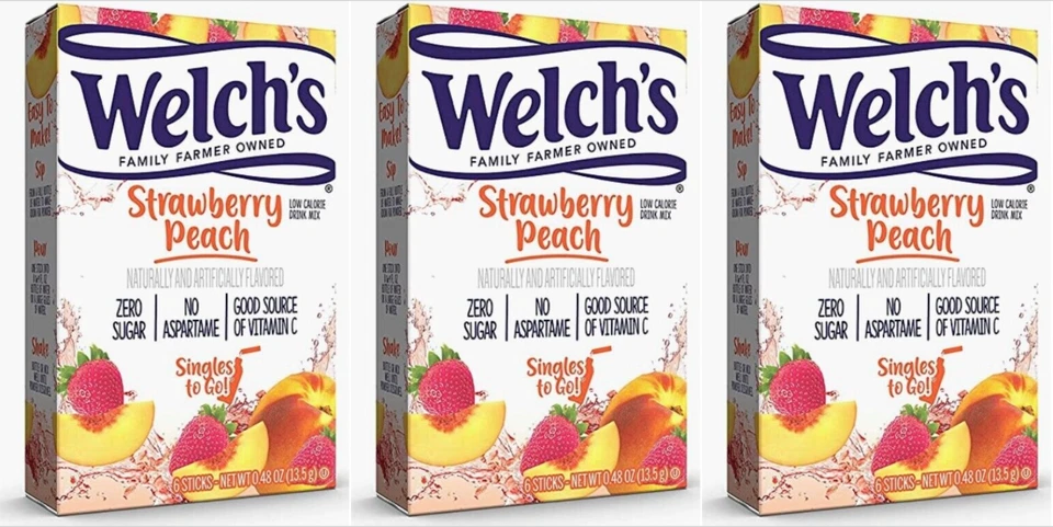 Welch's Singles to Go Strawberry Peach Powder Sticks 12 Boxes With 6 Packets