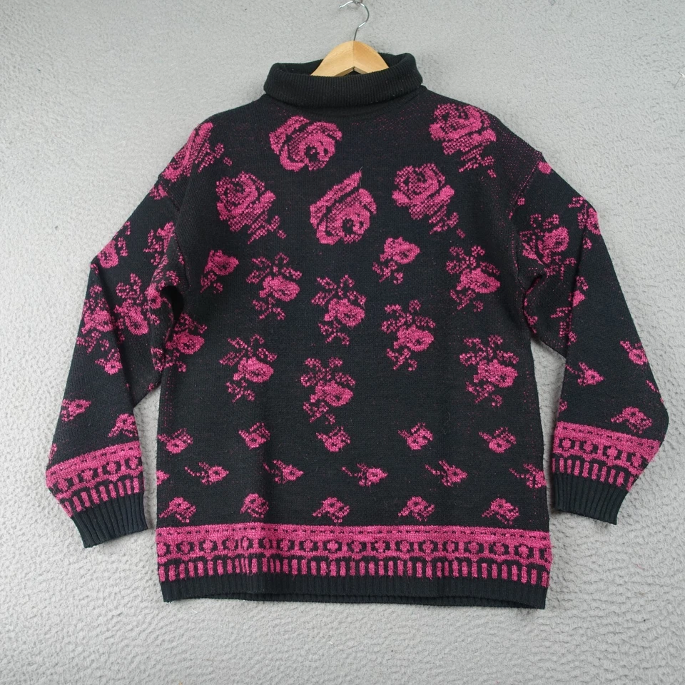 Vintage 80s Sweater Women’s L Black Pink Acrylic Floral Rose Pattern Turtleneck - Image 1 of 4