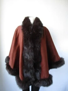 Women's Brand New Brown Cashmere Wool Wrap Cape Fox Fur   - Picture 1 of 3