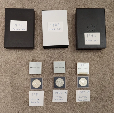 3 CANADA PROOF SETS (79/88/93) w SILVER $1 + 3 PROOF SILVER $1s ROYAL MINT COAs Cover