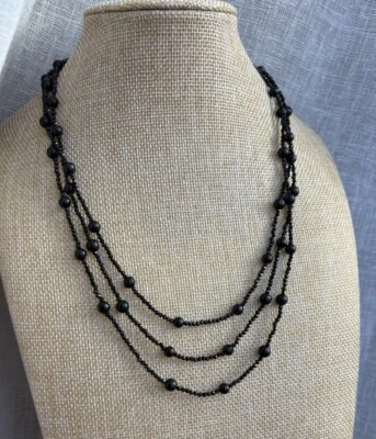 D’Joy Spinel Sterling Silver Necklace 3 Strand Vintage Signed Stamped 20” Black - Image 1 of 4