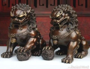 Pair Brass Lion Statue Chinese Classical Guardian Door Fu Foo Feng Shui Decor - Picture 1 of 7