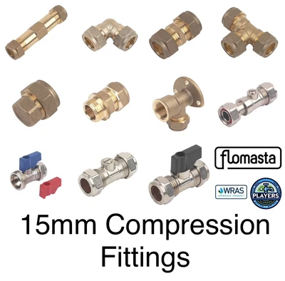 FLOMASTA 15mm Brass Compression fittings for Copper Plumbing Pipe Hot & Cold Systems