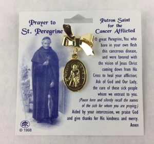 Prayer to St. Peregrine Gold Tone Bow and Saint Medal Brooch Pin 1998 - Picture 1 of 5