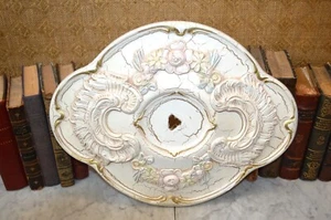 Antique Oval Ceiling Medallion Rosette European Painted Plaster Straw Plaque - Picture 1 of 11