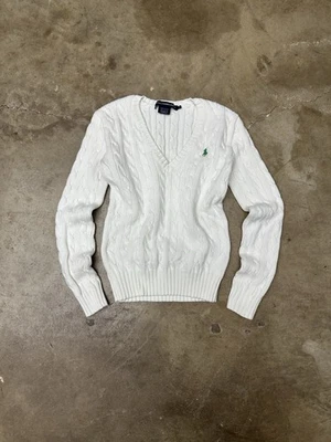 De Colección Ralph Lauren Polo Deportivo Cuello en V Mujer Suéter Tejido con Cable Talla XS/S Blanco Foto 1 de 4