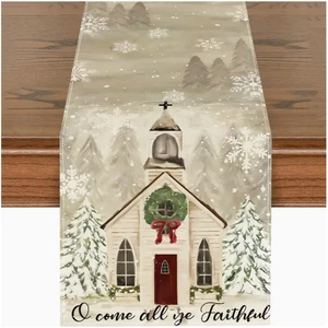 Christmas Table Runner-"O Come All Ye Faithful" Church-Linen Blend-13x72in - Picture 1 of 5