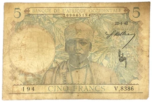 1942 FRENCH WEST AFRICA - 5 FRANCS - VF - Picture 1 of 2