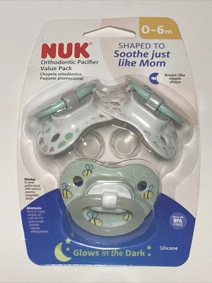 (NEW) NUK Orthodontic Pacifier Value Pack 3ct 0-6m Glow In The Dark GREEN - Image 1 of 2