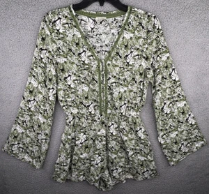 En Creme Strampler Damen klein grün Blumen tropisch Monstera Boho Glockenärmel - Bild 1 von 10