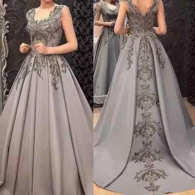 Gray Satin Long Wedding Dresses Applique Sleeveless A-line Ball Bridal Gowns - Image 1 of 4