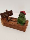 Vintage Green Frog Figure Red Hat On Wood Boat With Sign Welcome To My Pad 
