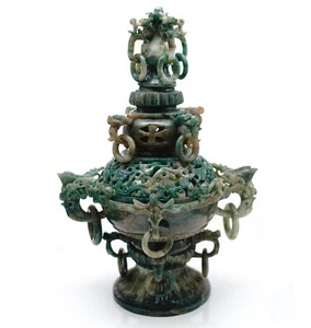 PXSTAMPS Vintage Chinese Qing Dynasty Antique Carved Green Jade Incense Burner - Picture 1 of 9