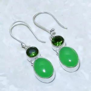 Green Jade, Peridot Gemstone Handmade Silver Jewelry Earring 1.7" ERJ14206 - Picture 1 of 2