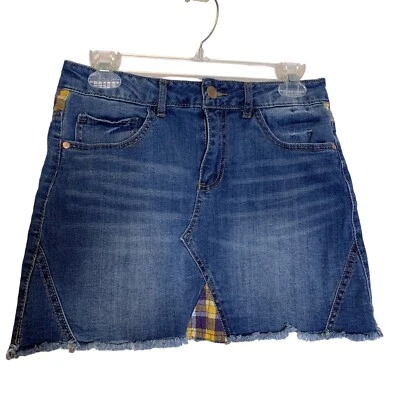 Dollhouse Skirt Womens 9 Mini Denim Plaid Patchwork Distressed Fray Hem Stretch - Image 1 of 4
