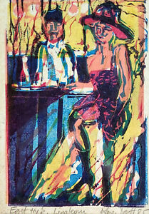 Karen Degett (Dänemark, *1954): Expressionistischer Linolschnitt - An der Bar