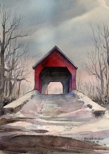 Mood's Covered Bridge, Perkasie PA. Sunset Snow. James Mann watercolor prints - Bild 1 von 2