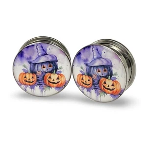 Pair of Screw on Halloween Themed Style 8 Picture Plugs gauges 16g thru 1 inch - Picture 1 of 3