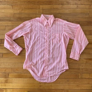 Vintage 1970s Bubblegum Pink Striped Textured Men’s Button Up Blouse Sz.M - Picture 1 of 7