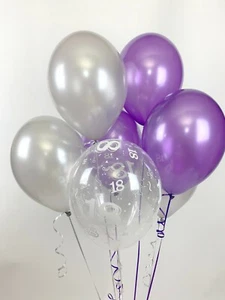 30 Purple, Silver and 18th Aged Range Pearlised Latex Balloons - Picture 1 of 1