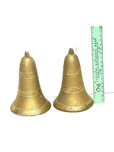 2 CAMPANAS DE PLÁSTICO DORADO VINTAGE CON ADORNOS NAVIDEÑOS PURPURINA 6 PULGADAS - Imagen 1 de 3