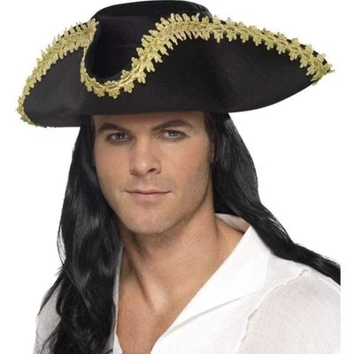 Sombrero Pirata Adulto Negro Tricornio Borde Dorado Disfraz Accesorio Foto 1 de 3