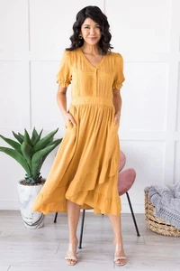 NEW Baltic Born Womens L Hanna Mustard Midi Dress Cottage Fall Hi Low Pockets - Picture 1 of 6