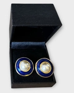 Vintage Statement Earrings Gold Tone Blue Enamel Faux Pearl Costume Jewellery - Picture 1 of 4