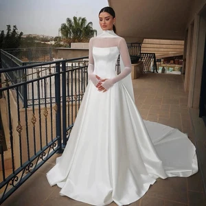 Elegantes vestidos de novia de satén cuello alto mangas largas plisados línea A vestidos de novia - Imagen 1 de 10