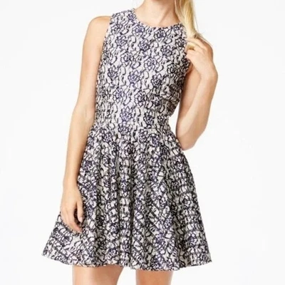 Maison Jules Dress S Beige Blue Floral Lace Overlay Sleeveless Fit Flare Party - Image 1 of 4