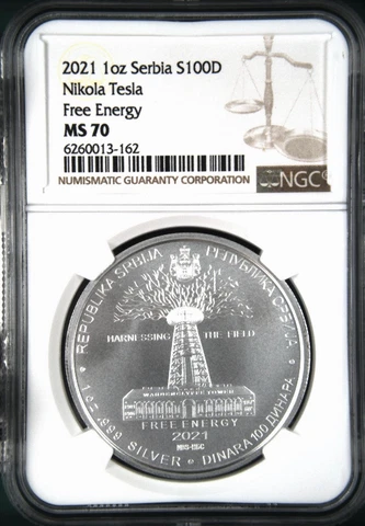 2021 100 DINAR/1 OZ SILVER SERBIA NGC MS70(PL) TESLA FREE ENERGY R4 TOP POP Cover