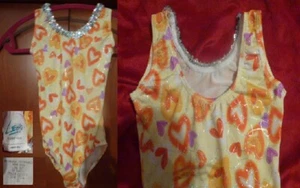 Swimsuit Swimming Leotard Yellow w/ purple + orange hearts USA made Girls M 7 8 - Picture 1 of 1