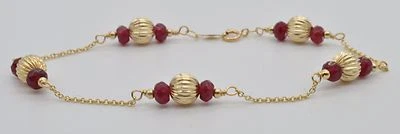 NEW 14K Solid Yellow Gold Natural Ruby & Corrugated Ball Bead Bracelet 7 12" - Image 1 of 4