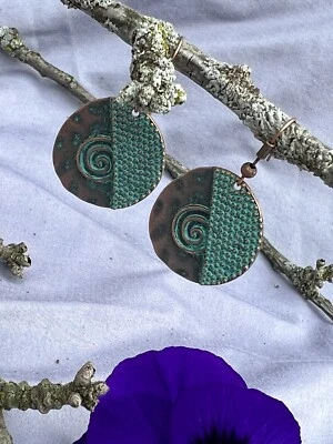 Handmade Round Hammered Brass & Turquoise Resin Inlaid Earrings NEW - Image 1 of 4