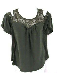 AUW Damen große Cold Shoulder Top olivgrün Spitzenpasse Kurzarm Bluse - Bild 1 von 18